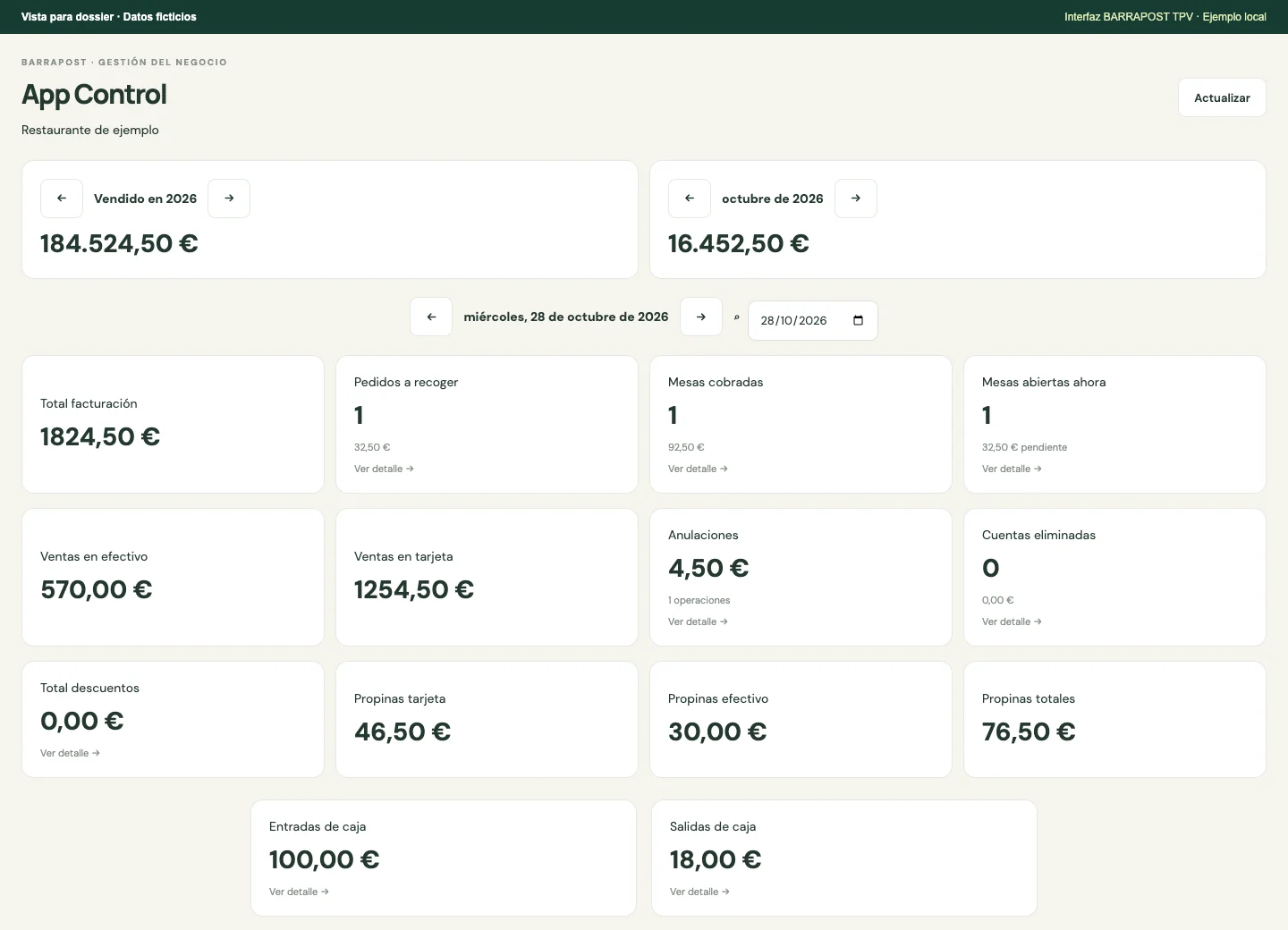 App Control de Restaurante · BARRAPOST Restaurante · Datos de ejemplo