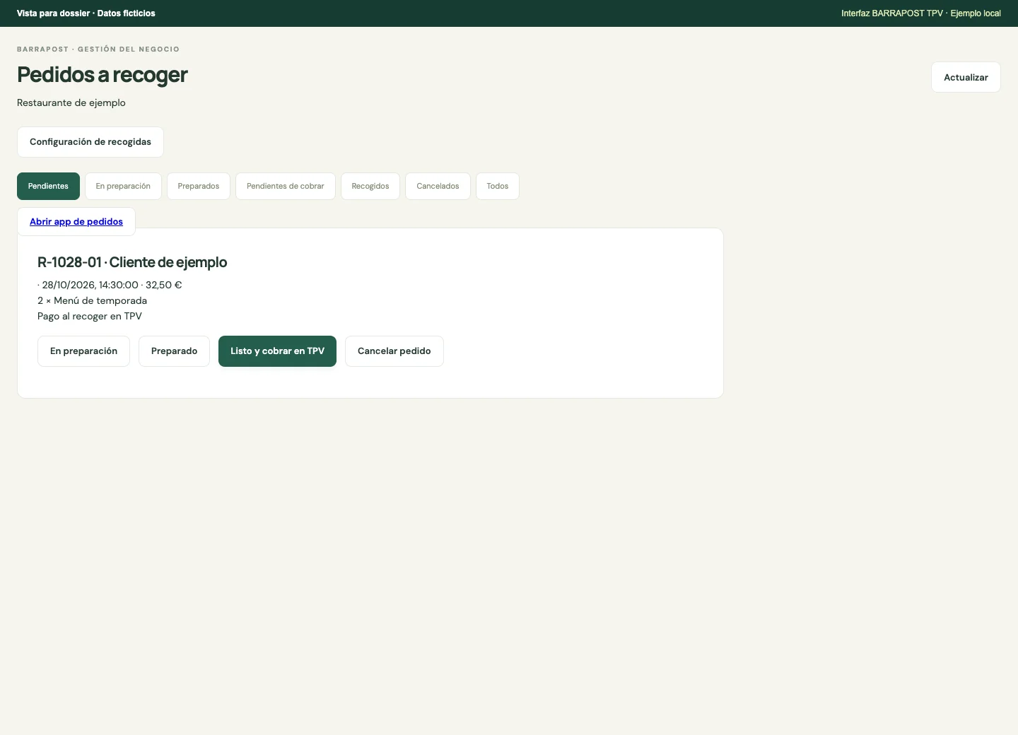 Pedidos para recoger · BARRAPOST Restaurante · Datos de ejemplo