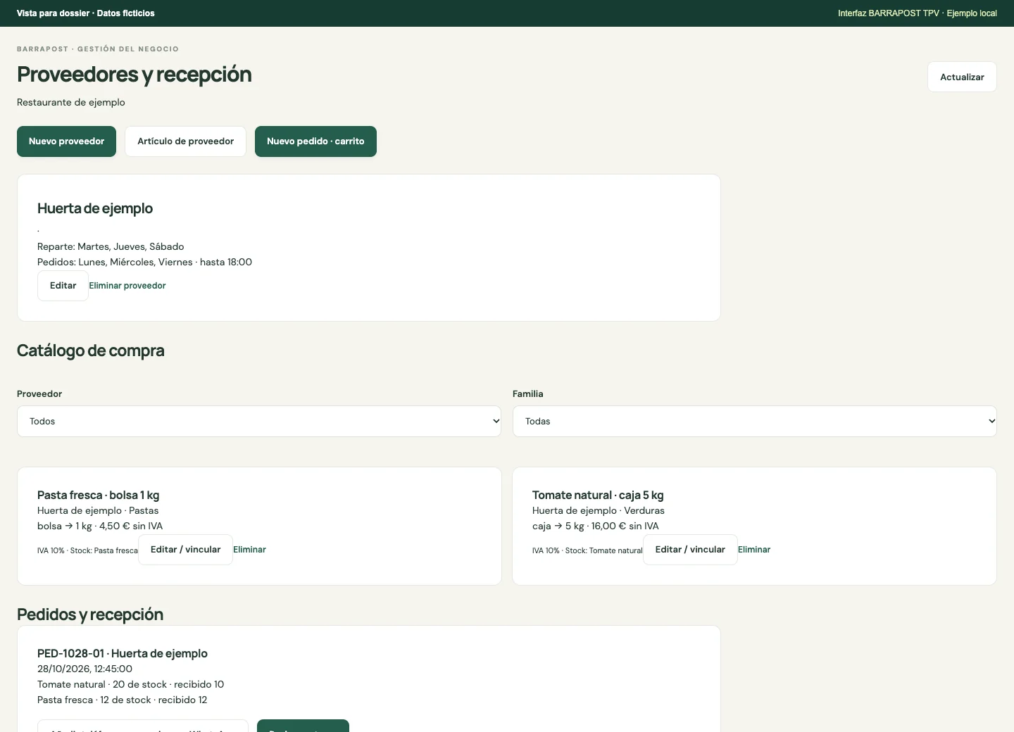 Proveedores y recepción · BARRAPOST Restaurante · Datos de ejemplo