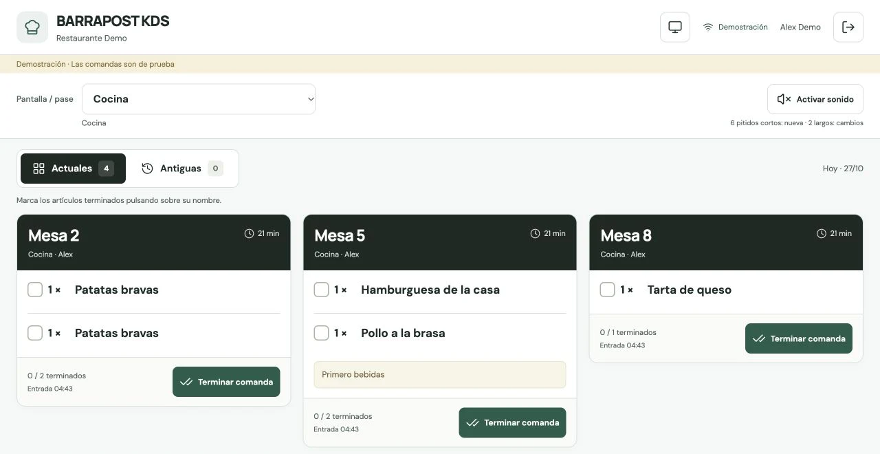 KDS de cocina · BARRAPOST Restaurante · Datos de ejemplo