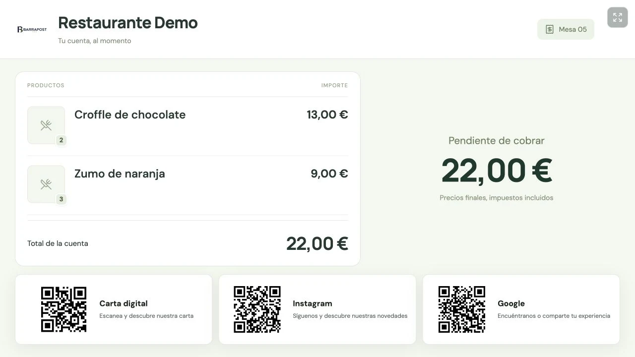 Pantalla del cliente · BARRAPOST Restaurante · Datos de ejemplo