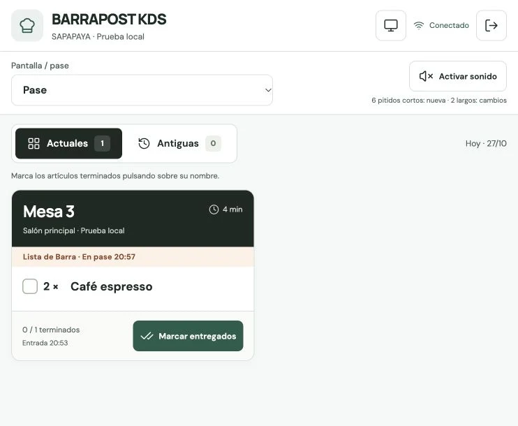 Pantalla de pase · BARRAPOST Restaurante · Datos de ejemplo