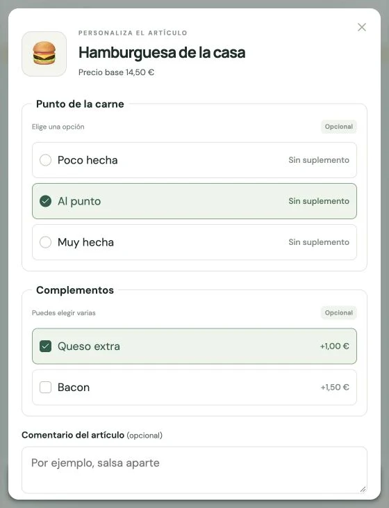 Complementos y opciones · BARRAPOST Restaurante · Datos de ejemplo