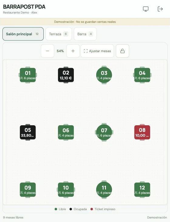 Mesas desde la PDA · BARRAPOST Restaurante · Datos de ejemplo