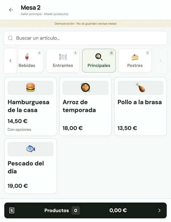 PDA de camareros · BARRAPOST Restaurante · Datos de ejemplo