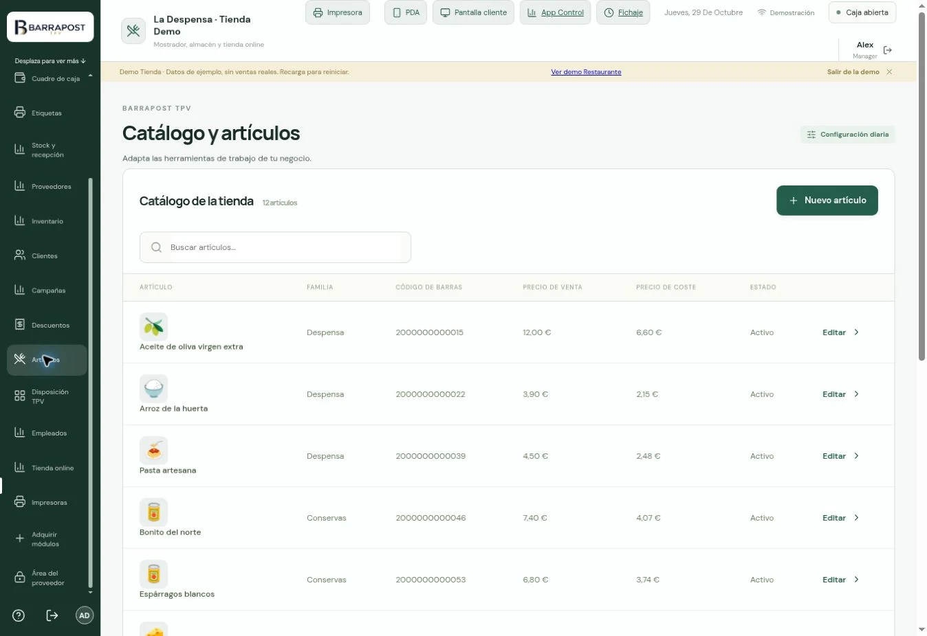 Catálogo de artículos · BARRAPOST Tienda · Datos de ejemplo