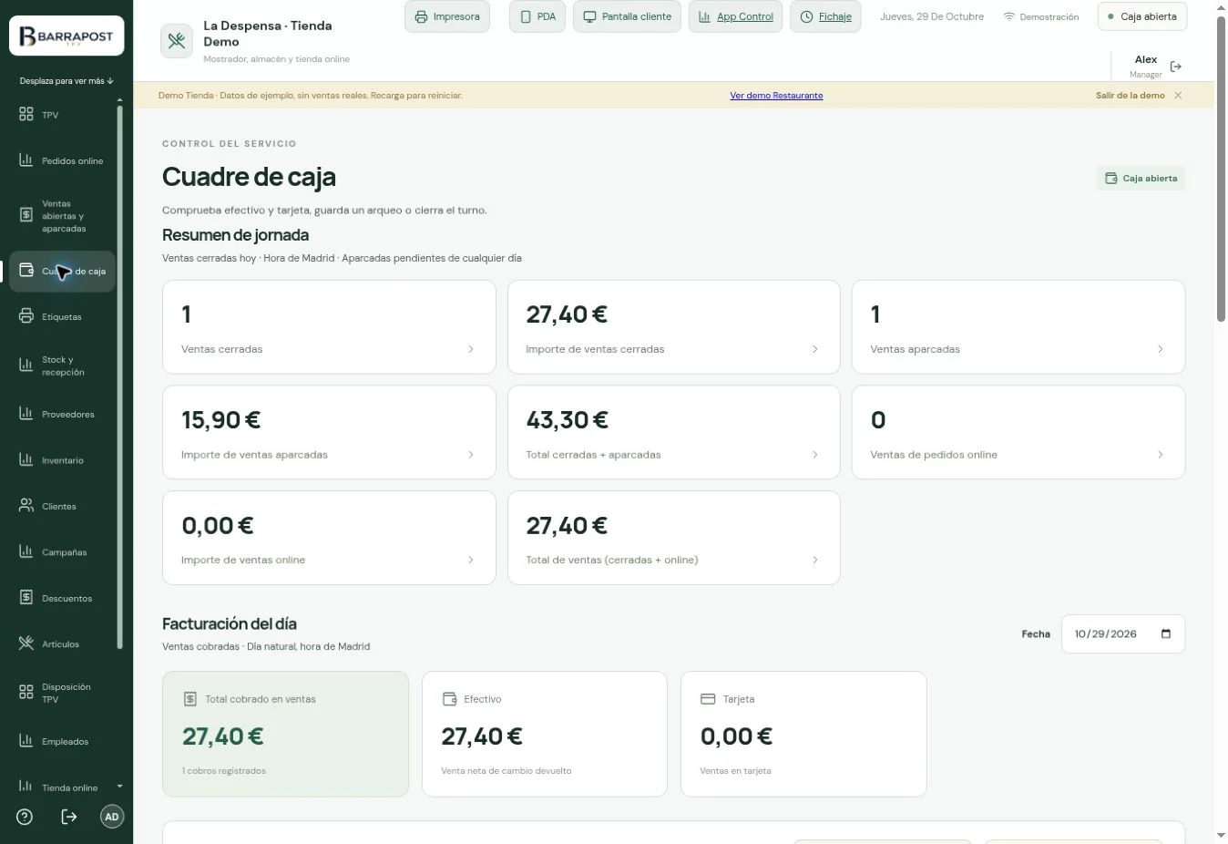 Cuadre de caja · BARRAPOST Tienda · Datos de ejemplo