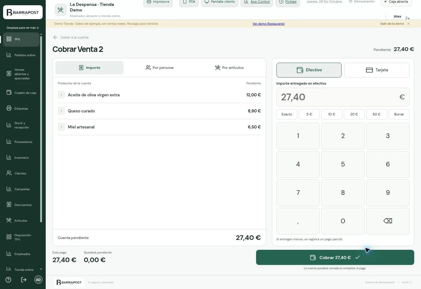 Cobro de la venta · BARRAPOST Tienda · Datos de ejemplo