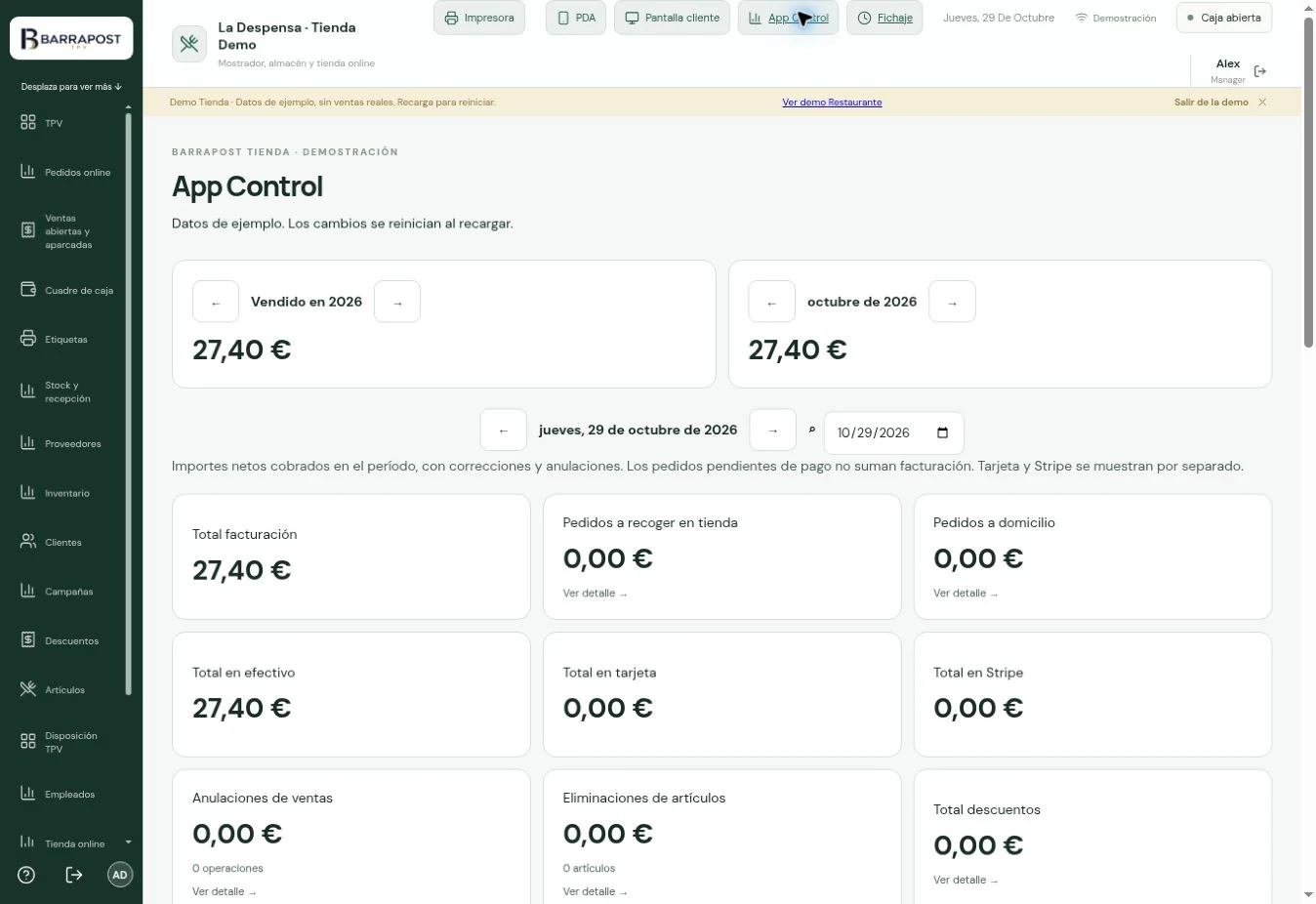 App Control de Tienda · BARRAPOST Tienda · Datos de ejemplo