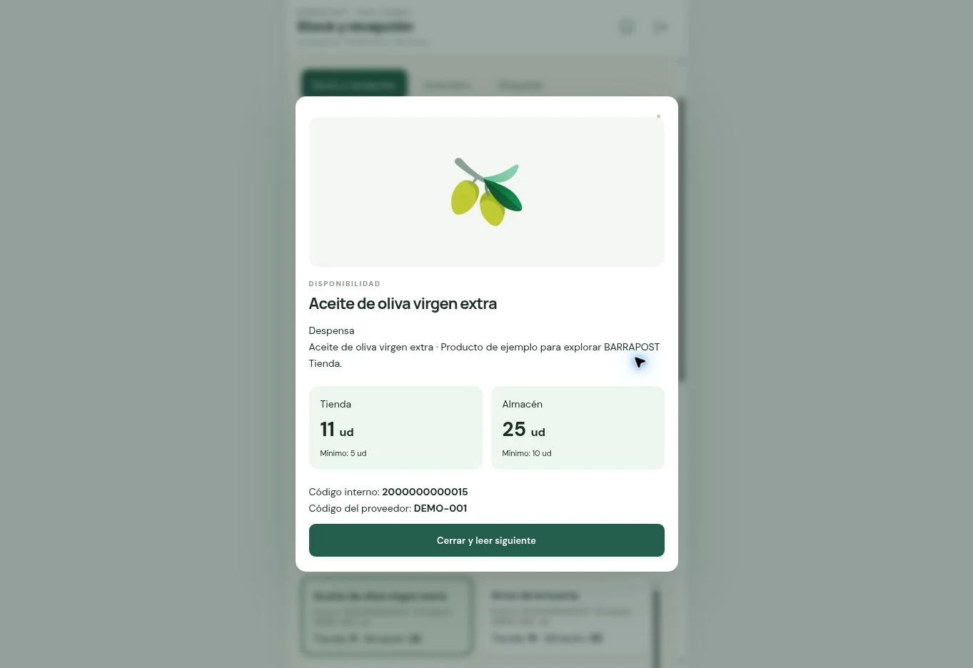Disponibilidad al escanear · BARRAPOST Tienda · Datos de ejemplo
