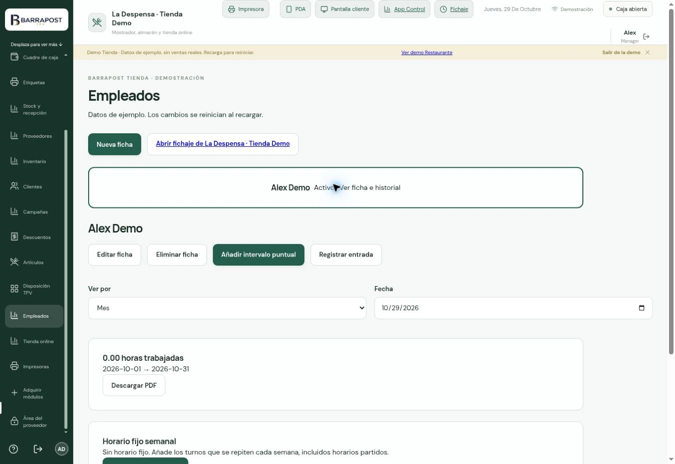 Ficha del empleado · BARRAPOST Tienda · Datos de ejemplo