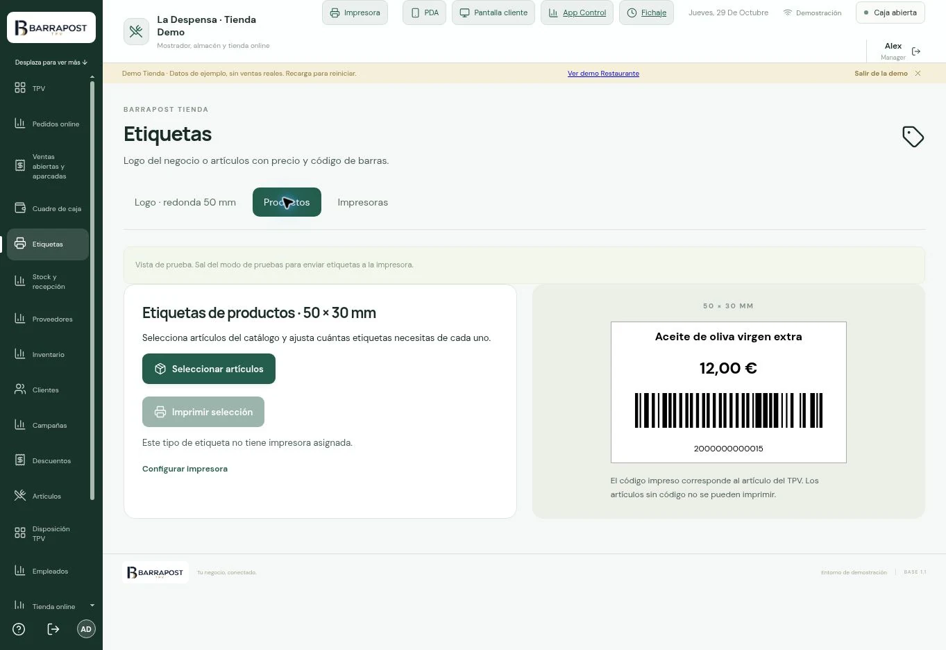 Etiquetas de productos · BARRAPOST Tienda · Datos de ejemplo