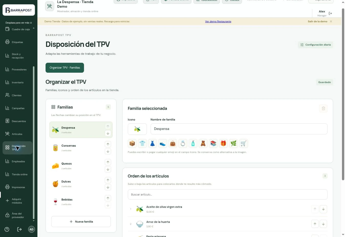 Organización por familias · BARRAPOST Tienda · Datos de ejemplo