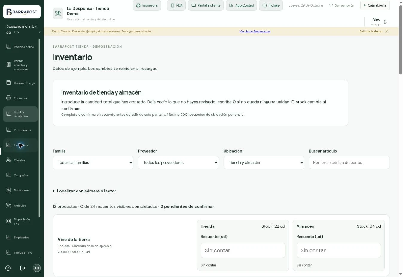 Inventario · BARRAPOST Tienda · Datos de ejemplo