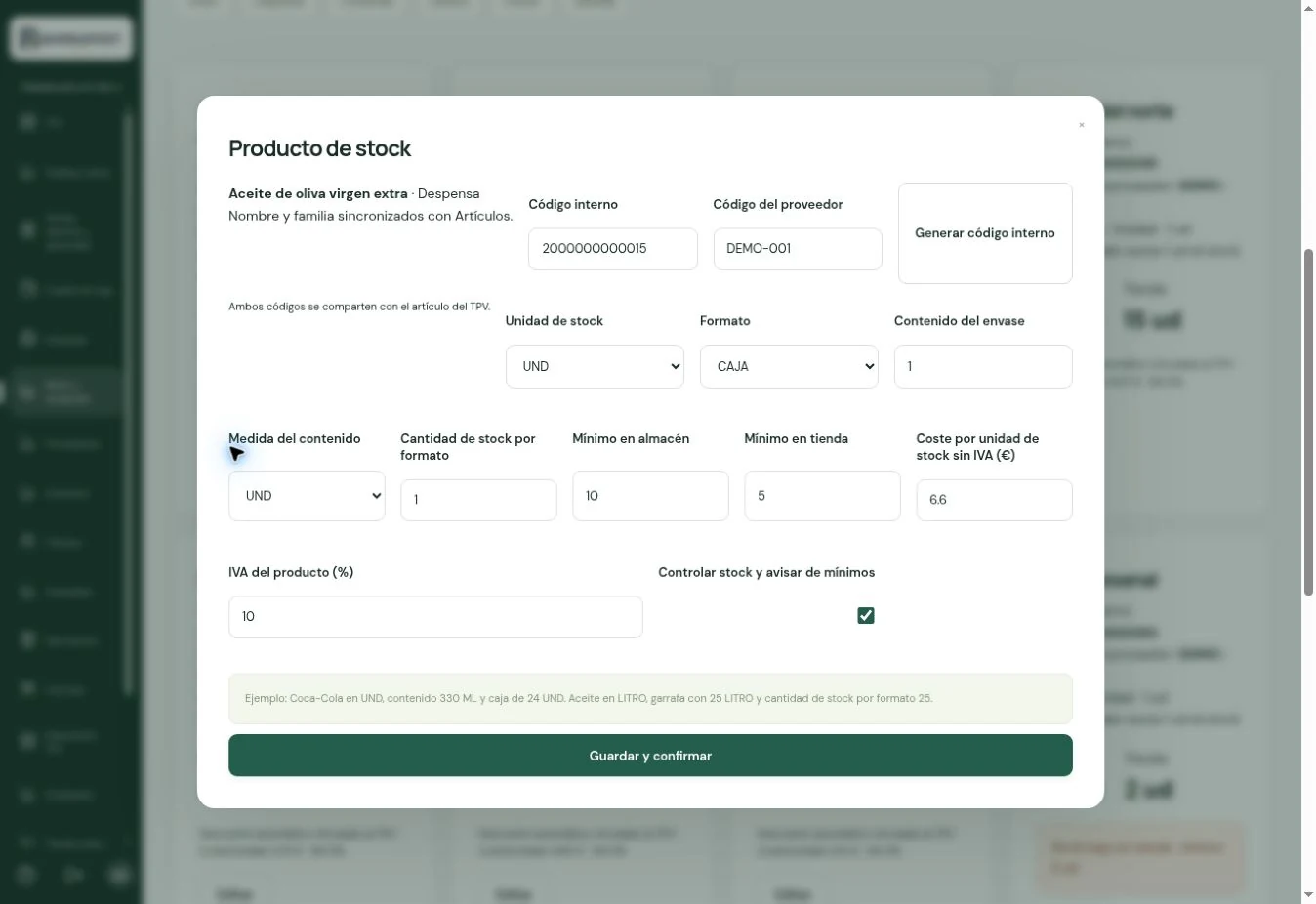 Mínimos de stock · BARRAPOST Tienda · Datos de ejemplo