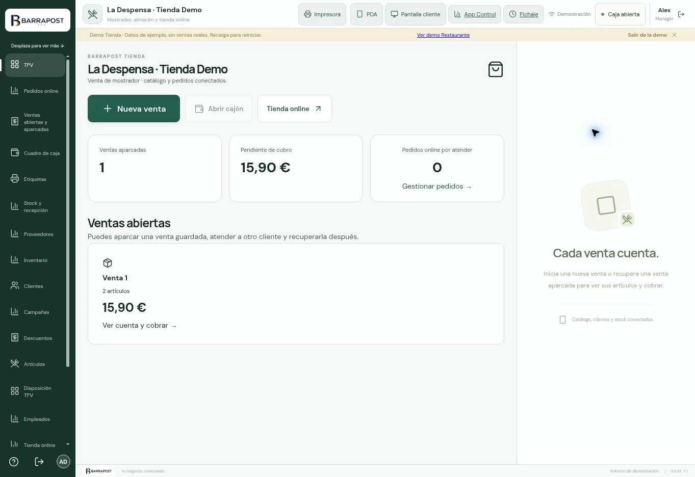 Mostrador y ventas aparcadas · BARRAPOST Tienda · Datos de ejemplo