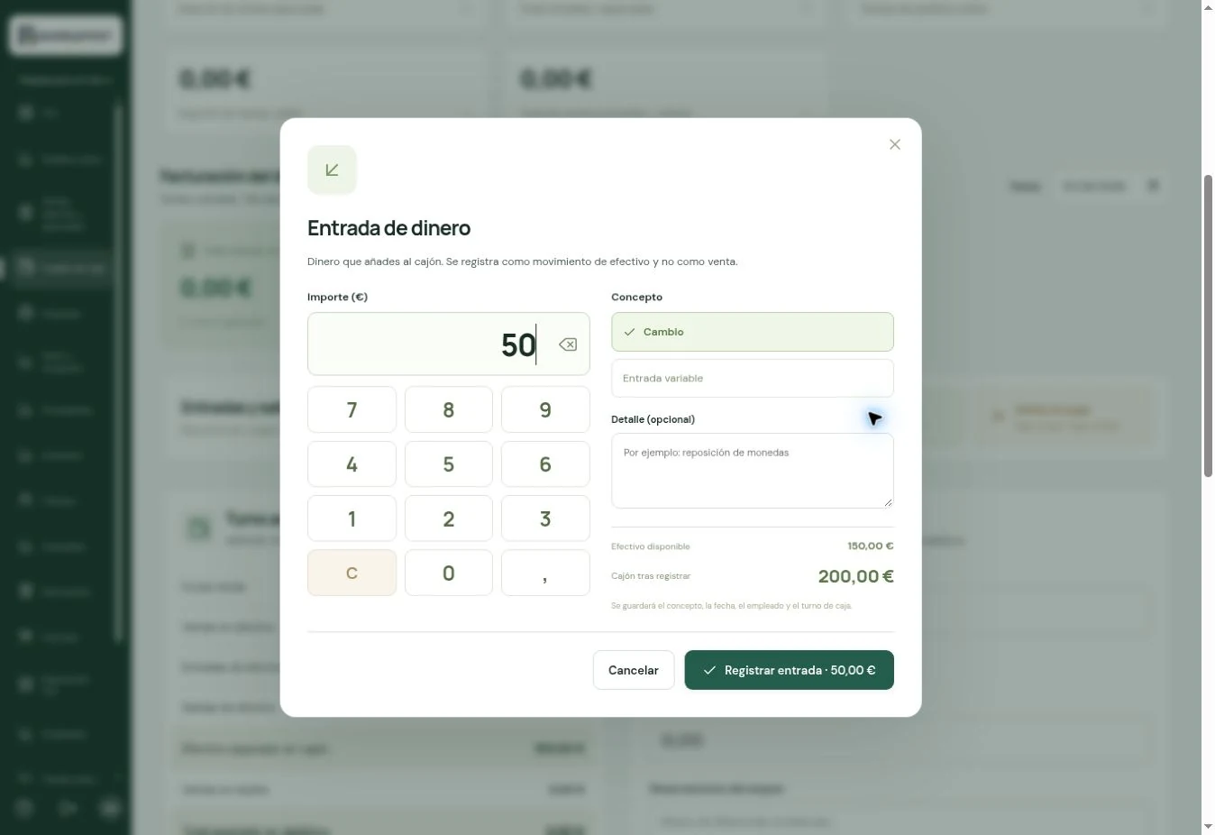 Movimientos de caja · BARRAPOST Tienda · Datos de ejemplo