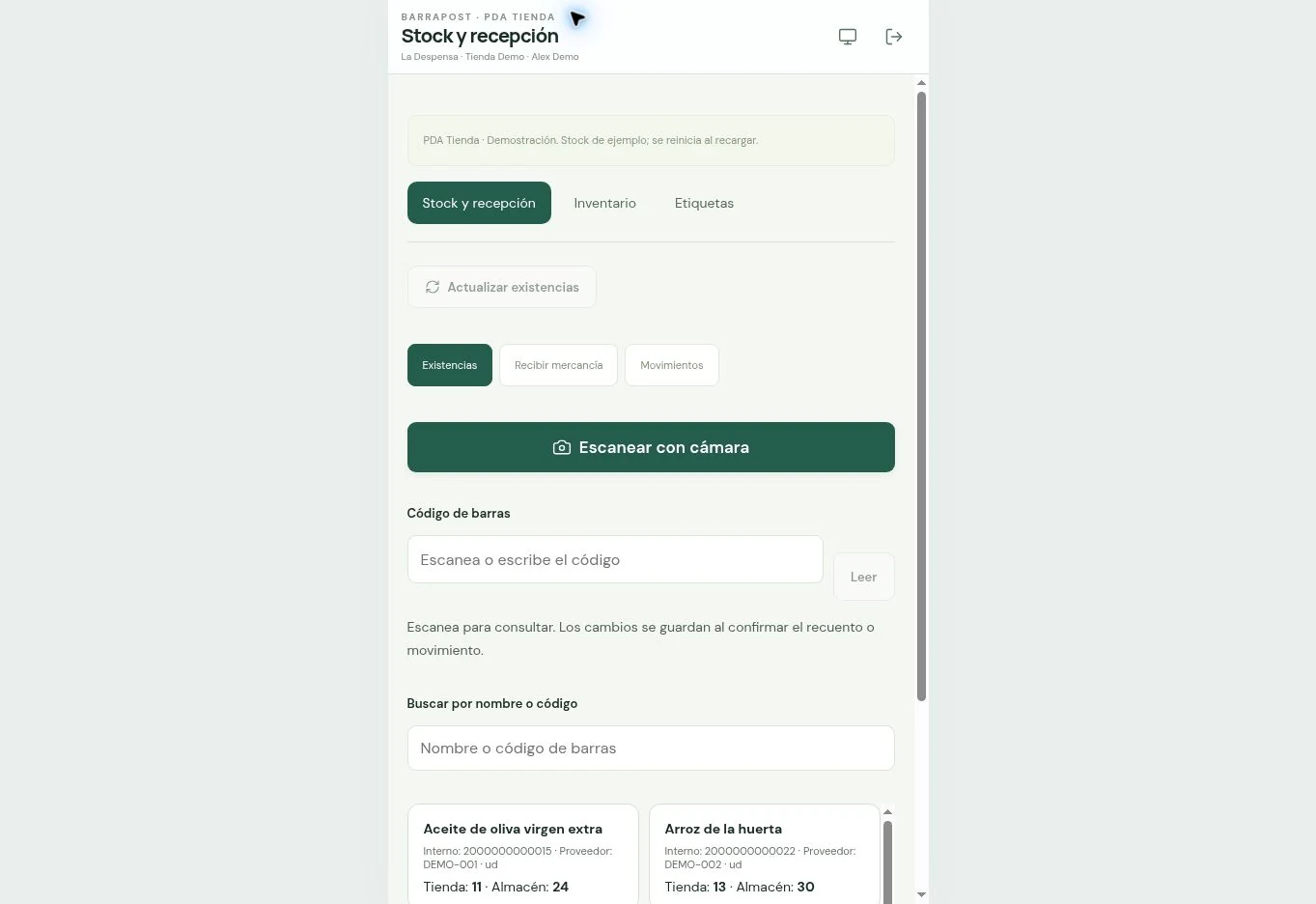 PDA para stock · BARRAPOST Tienda · Datos de ejemplo