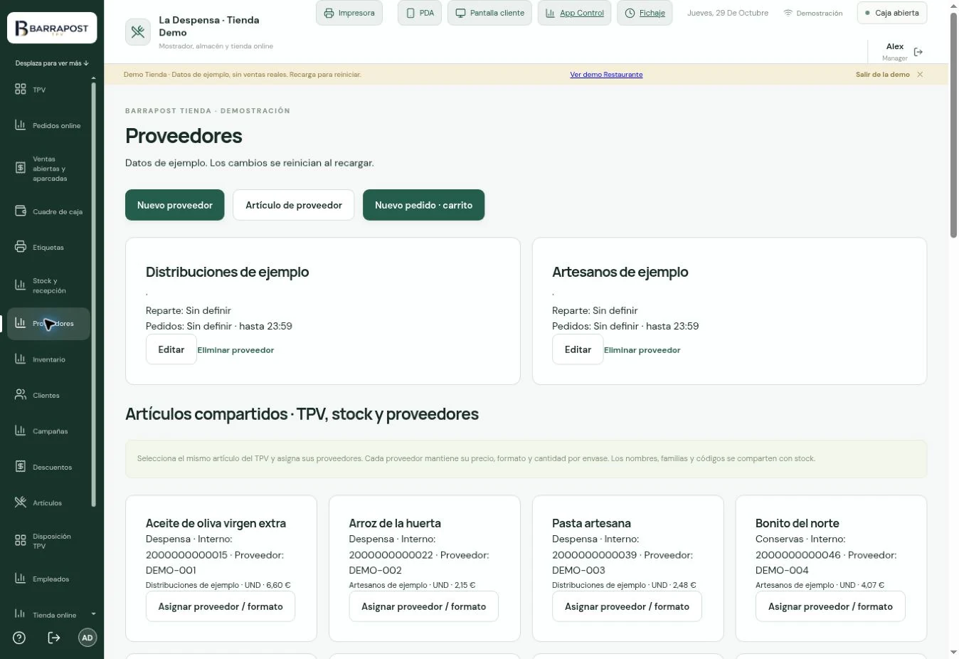 Proveedores y catálogo de compra · BARRAPOST Tienda · Datos de ejemplo