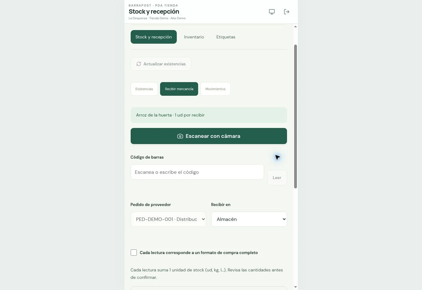Recepción de mercancía · BARRAPOST Tienda · Datos de ejemplo