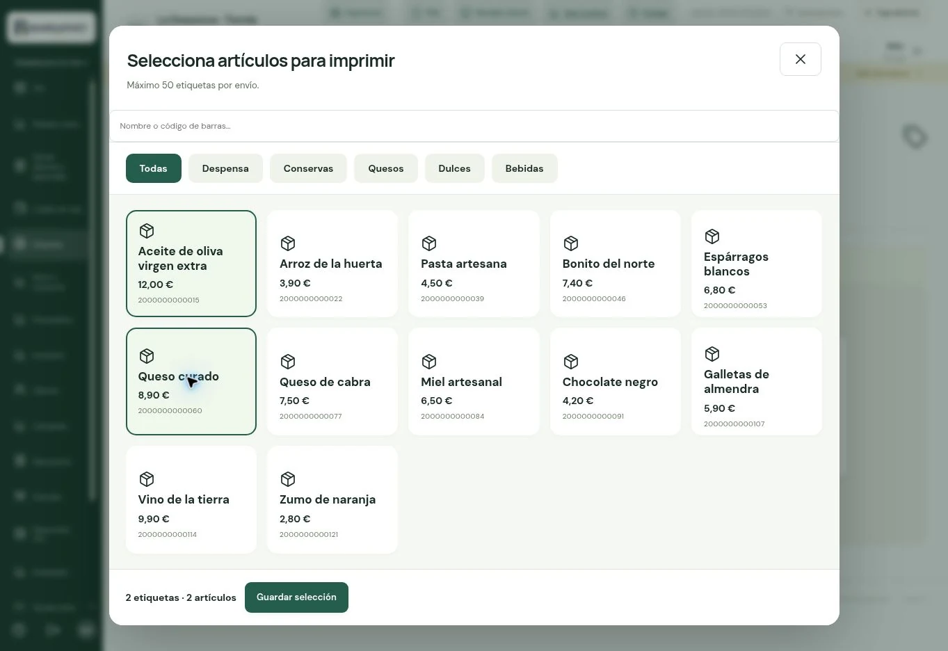 Selección para etiquetar · BARRAPOST Tienda · Datos de ejemplo