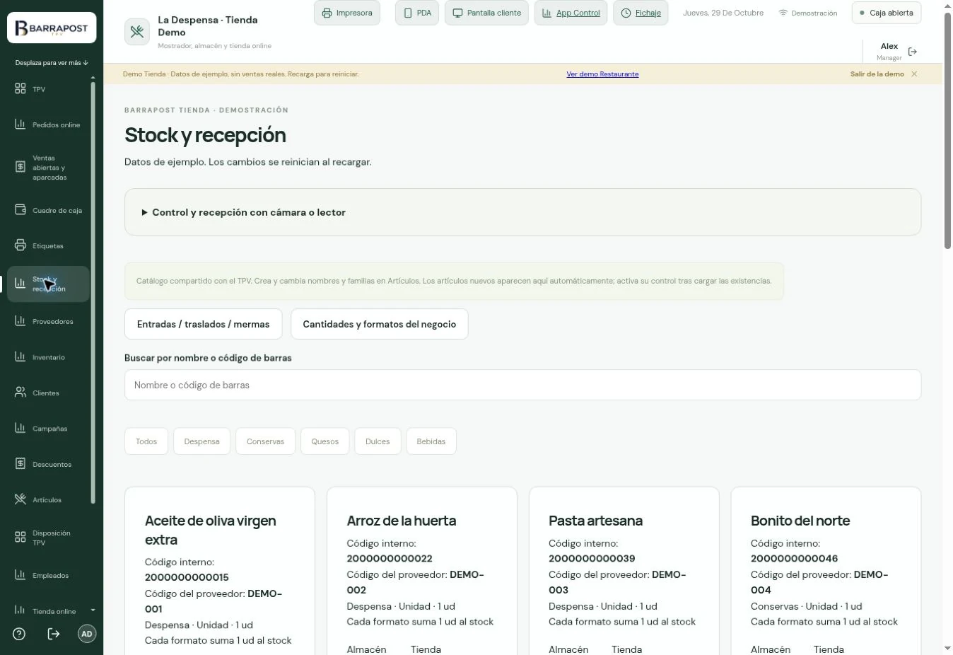 Stock por ubicación · BARRAPOST Tienda · Datos de ejemplo