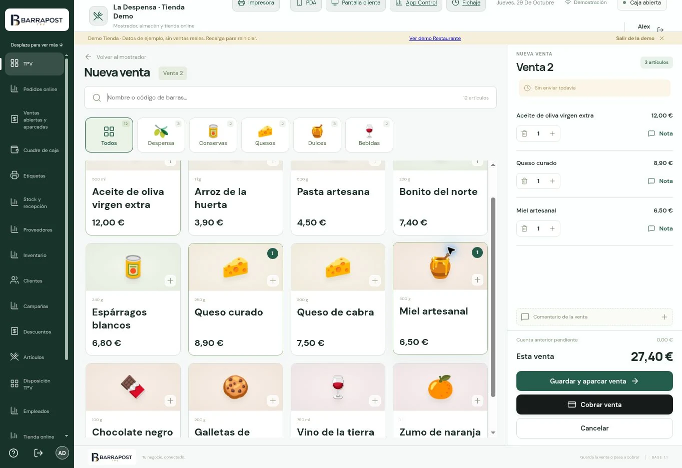 Venta por artículos en BARRAPOST Tienda, con datos de demostración